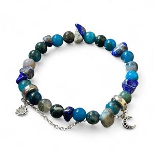 Blue Gemstone Beaded Bracelet with Moon & Star Charms